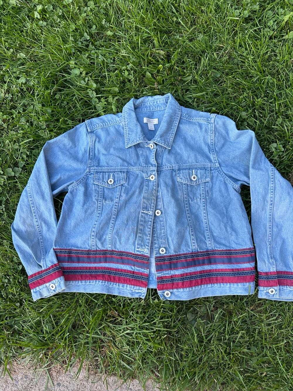Christopher & Banks Blue Denim Cotton Red White Blue Trim Button Jacket Size XL